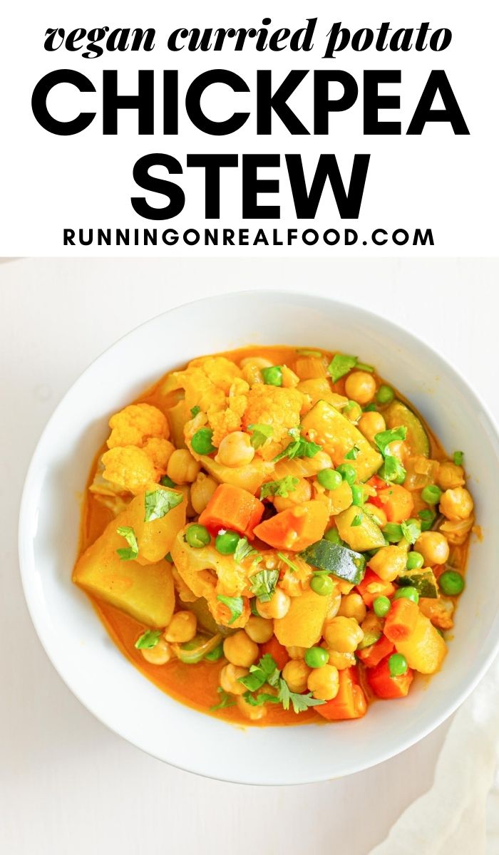 Pinterest graphic with an image and text for curried chickpea potato stew.