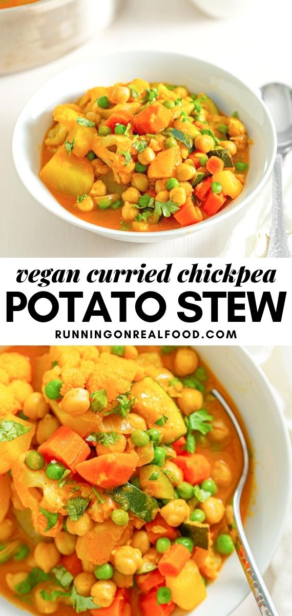 Pinterest graphic with an image and text for curried chickpea potato stew.