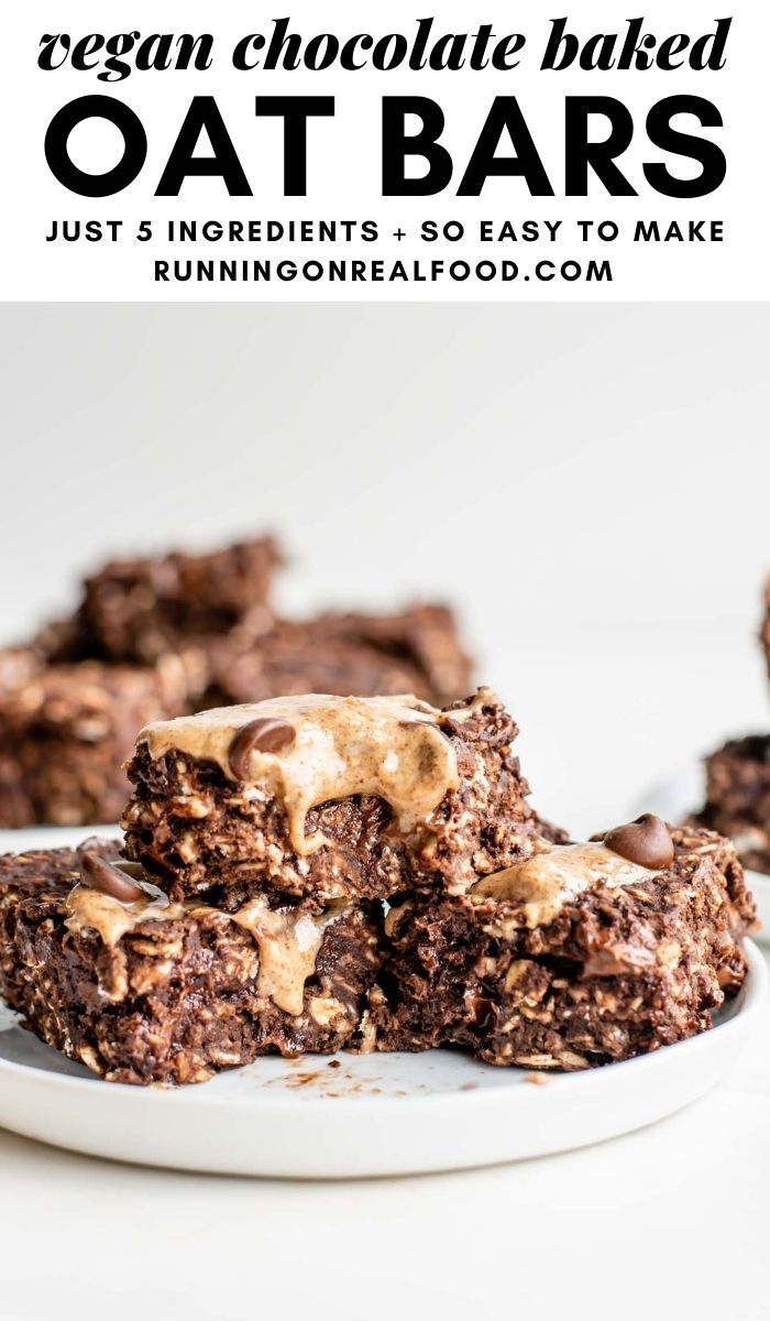 Pinterest graphic with an image and text for chocolate baked oatmeal bars.
