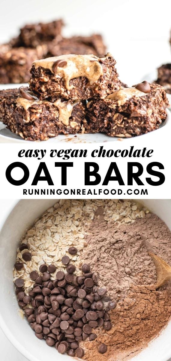 Pinterest graphic with an image and text for chocolate baked oatmeal bars.