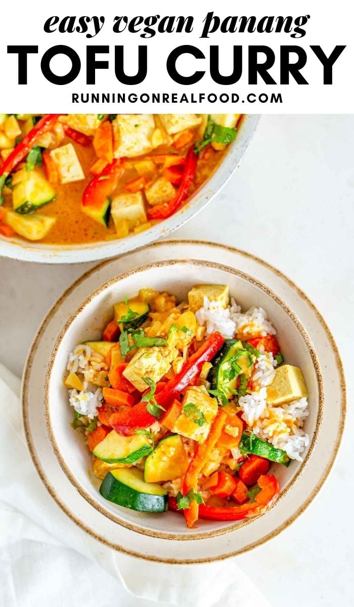 Pinterest graphic with an image and text for vegan panang curry.