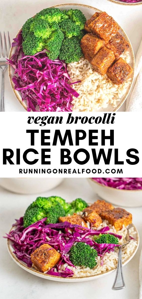 Pinterest graphic with an image and text for broccoli brown rice bowls with tempeh..
