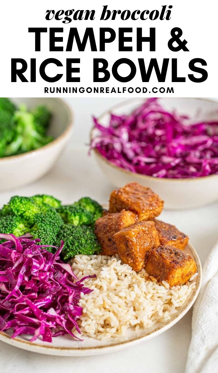 Pinterest graphic with an image and text for broccoli brown rice bowls with tempeh..