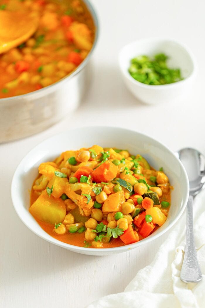 Bowl of stew with vegetables, chickpeas and peas. Pot of stew in background.