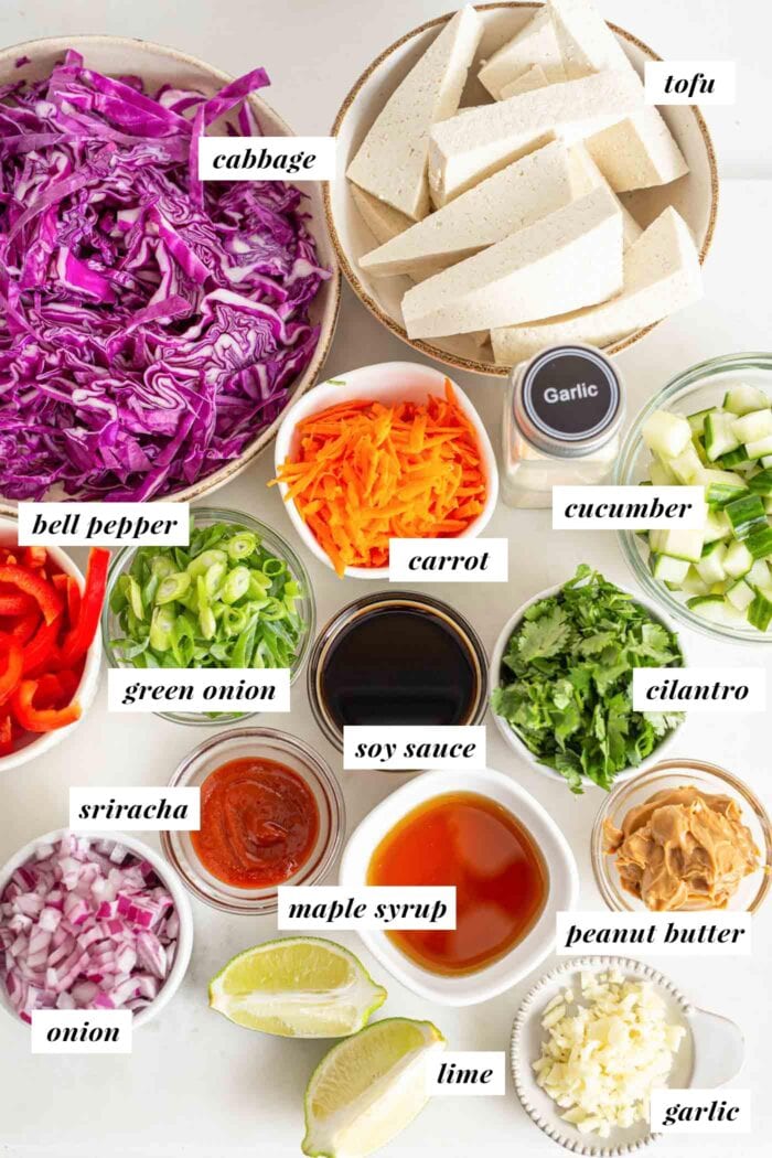 Labelled ingredients for a Thai chopped salad with tofu and rice.