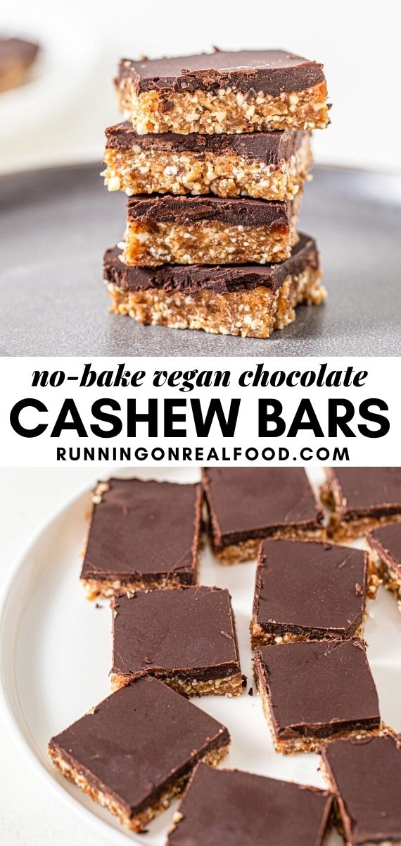 Pinterest graphic with an image and text for no-bake chocolate cashew cookie dough bars.