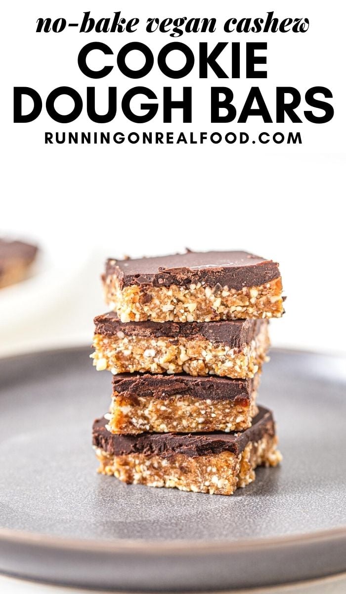 Pinterest graphic with an image and text for no-bake chocolate cashew cookie dough bars.