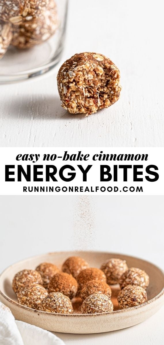 Pinterest graphic with an image and text for cinnamon energy balls.