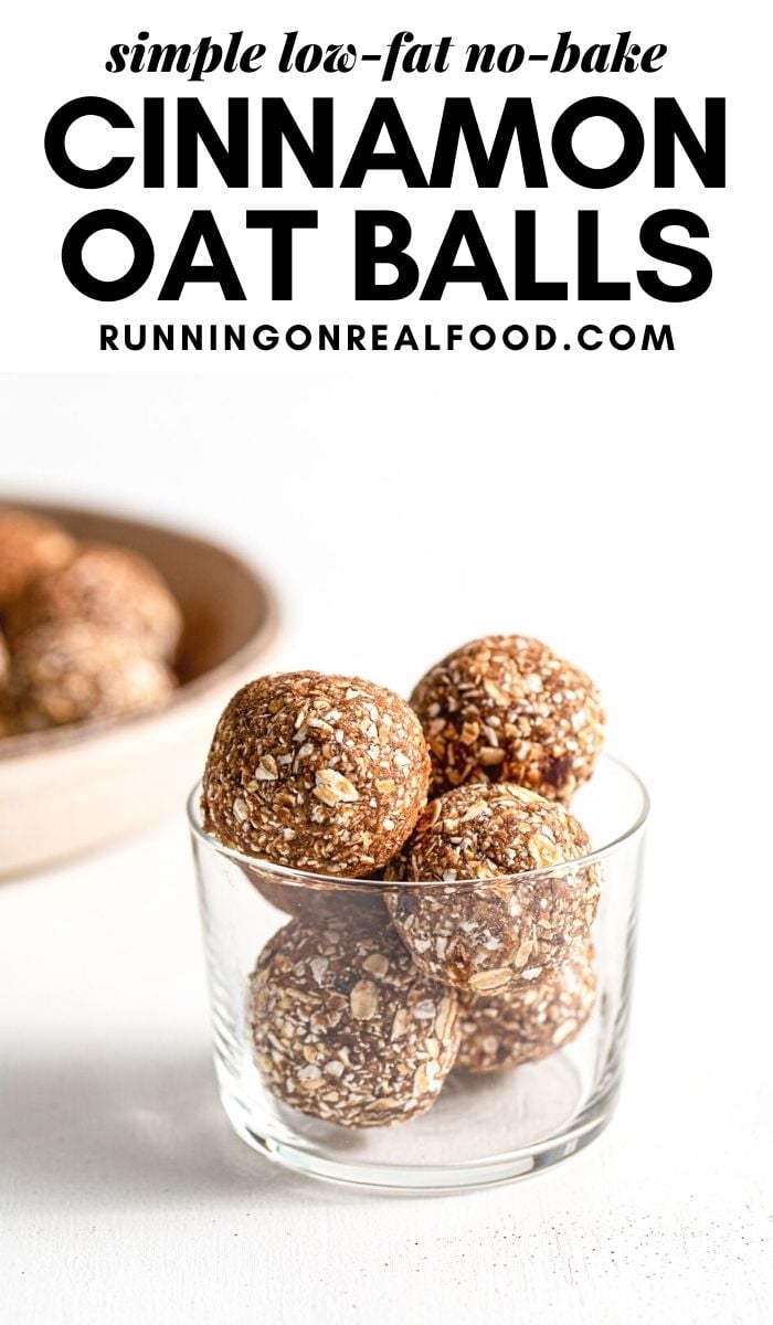 Pinterest graphic with an image and text for cinnamon energy balls.