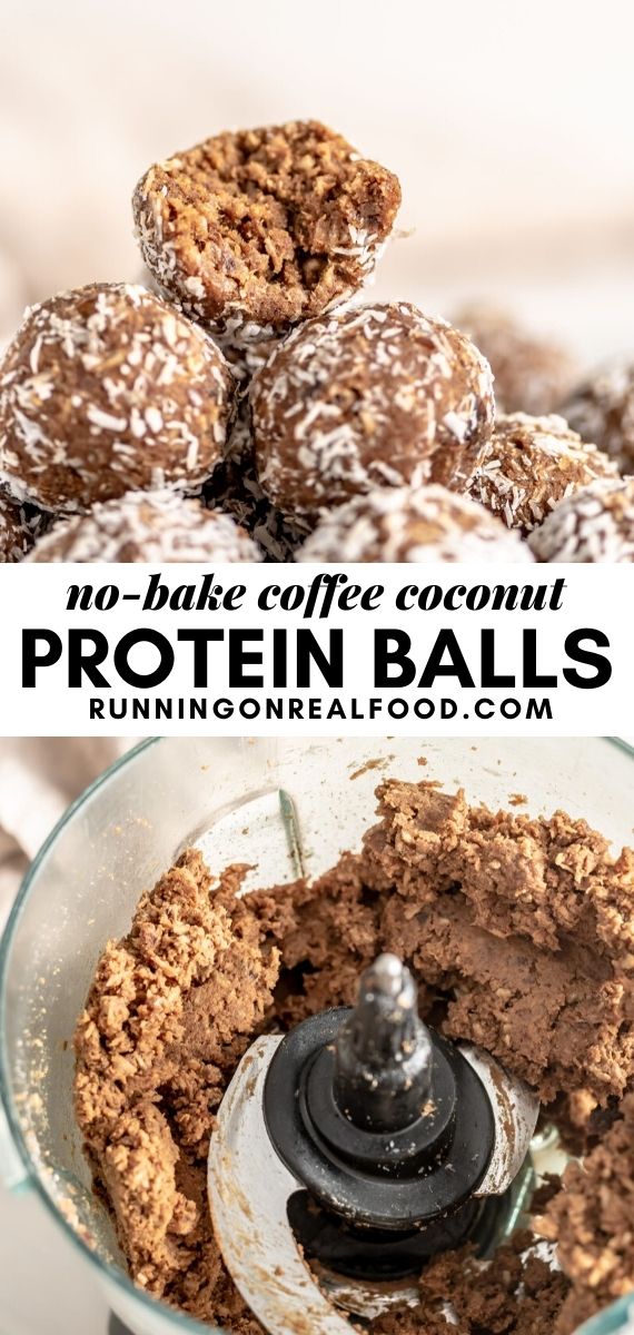 Pinterest graphic with an image and text for no-bake coffee coconut balls.