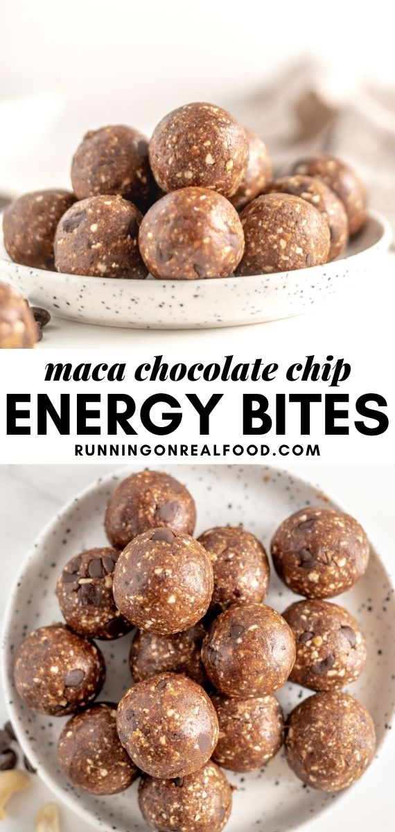 Pinterest graphic with an image and text for maca energy bites.
