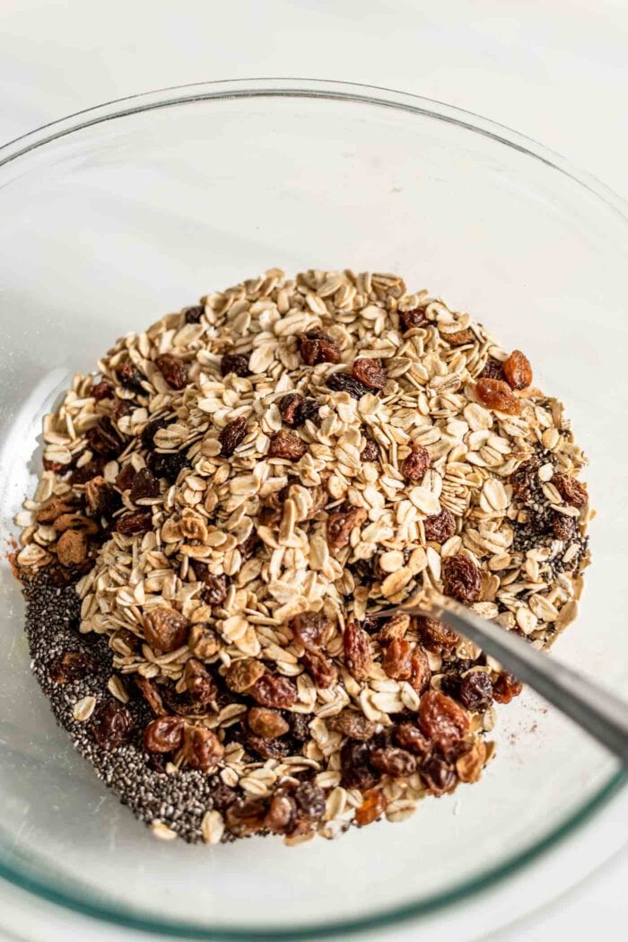 Oats, raisins and chia seeds mixed together in a mixing bowl.