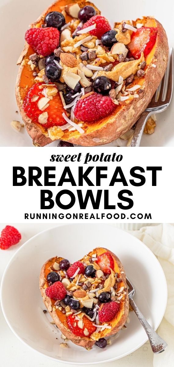 Pinterest graphic with an image and text for sweet potato breakfast bowls.