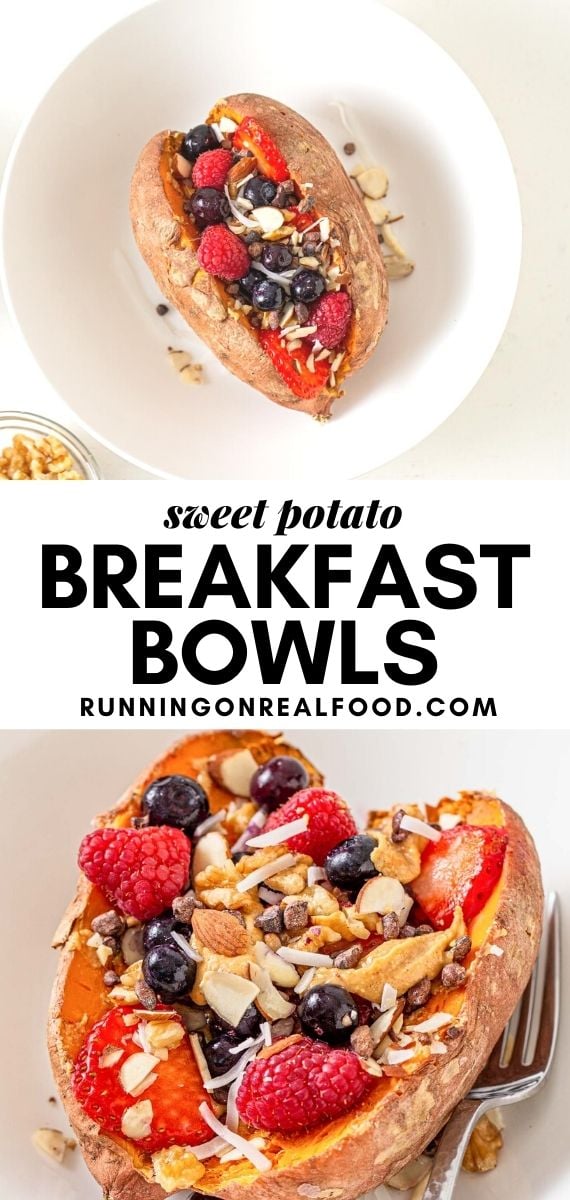 Pinterest graphic with an image and text for sweet potato breakfast bowls.