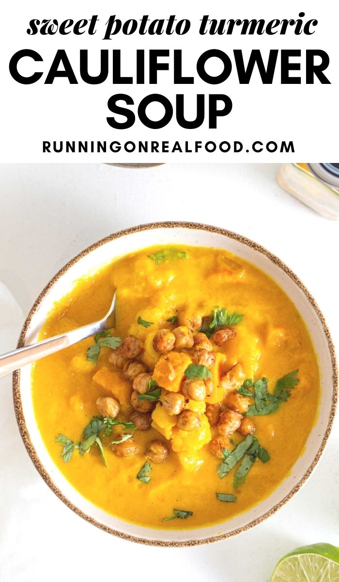 Pinterest graphic with an image and text for cauliflower sweet potato soup.