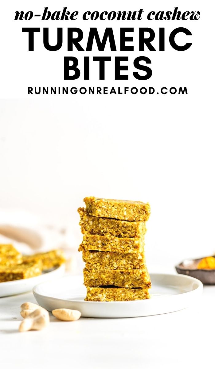Pinterest graphic with an image and text for no-bake coconut turmeric bites.
