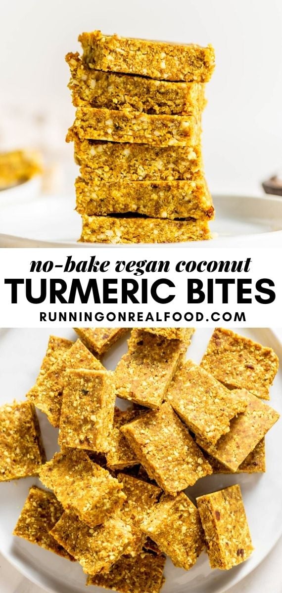 Pinterest graphic with an image and text for no-bake coconut turmeric bites.