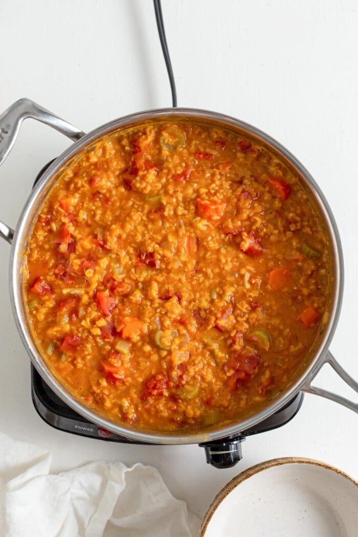 Overhead view of a pot of red lentil soup.