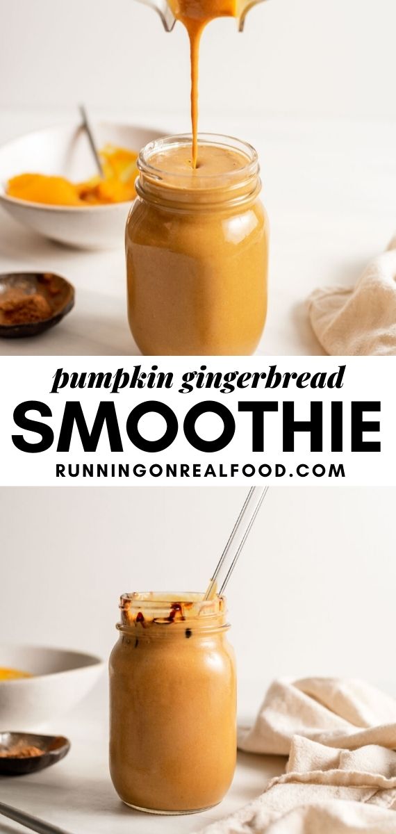 Pinterest graphic with an image and text for a vegan gingerbread pumpkin smoothie.