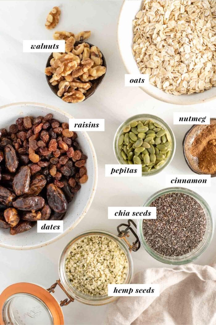 Labelled ingredients for making energy bars.