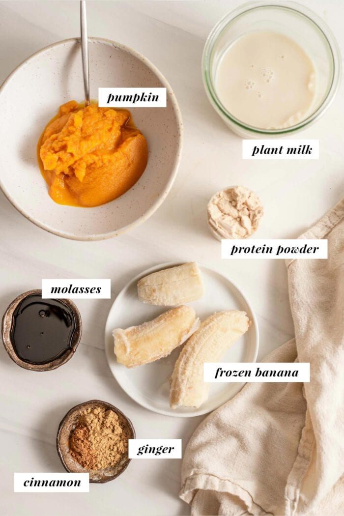 Overhead view of all the ingredients to make a pumpkin gingerbread smoothie, labelled with text overlay.