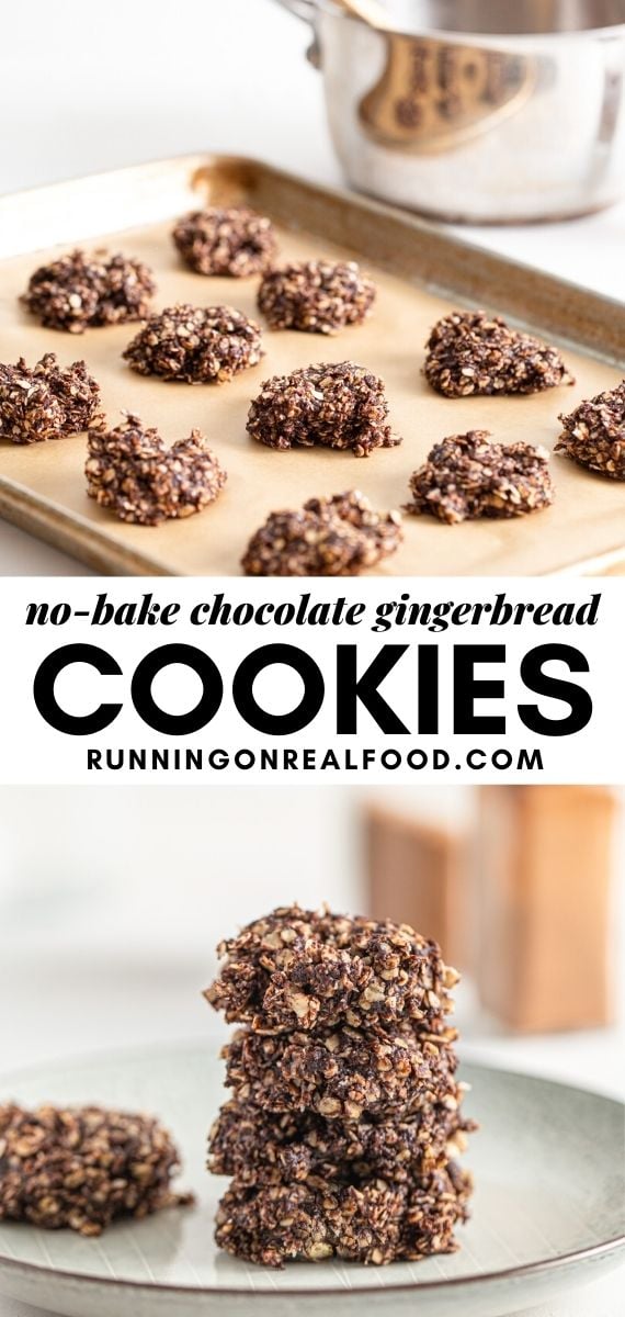 Pinterest graphic with an image and text for no-bake chocolate gingerbread cookies.