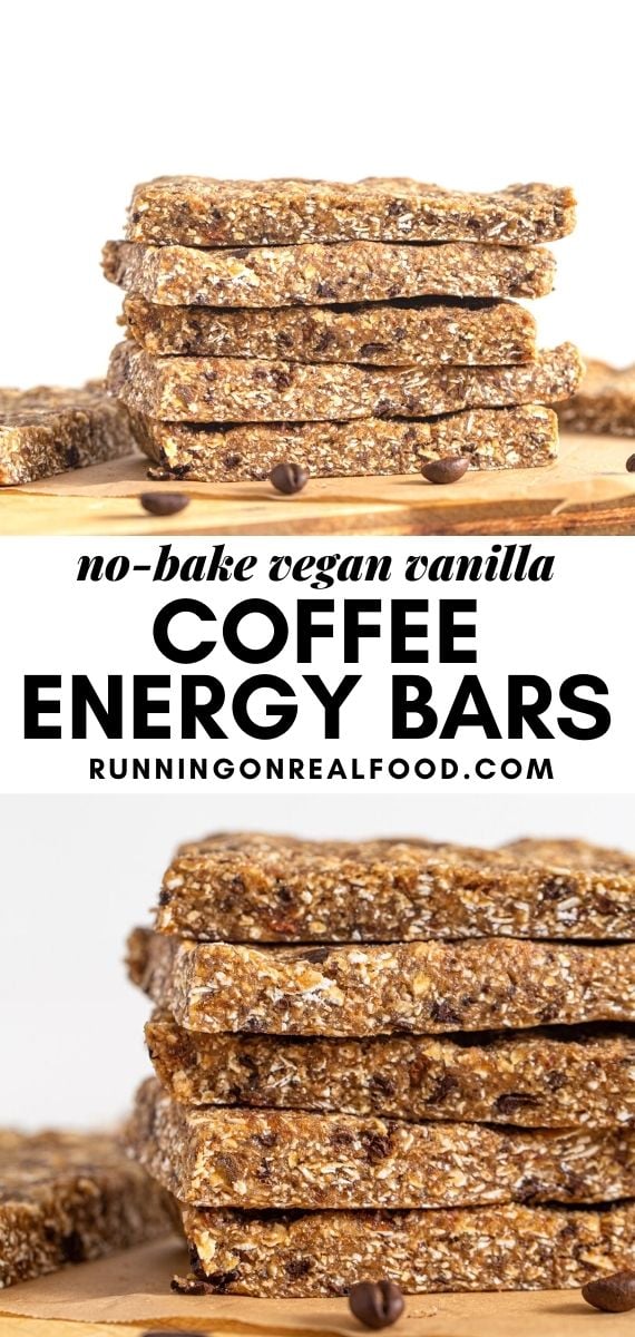 Pinterest graphic with an image and text for no-bake vanilla espresso energy bars.
