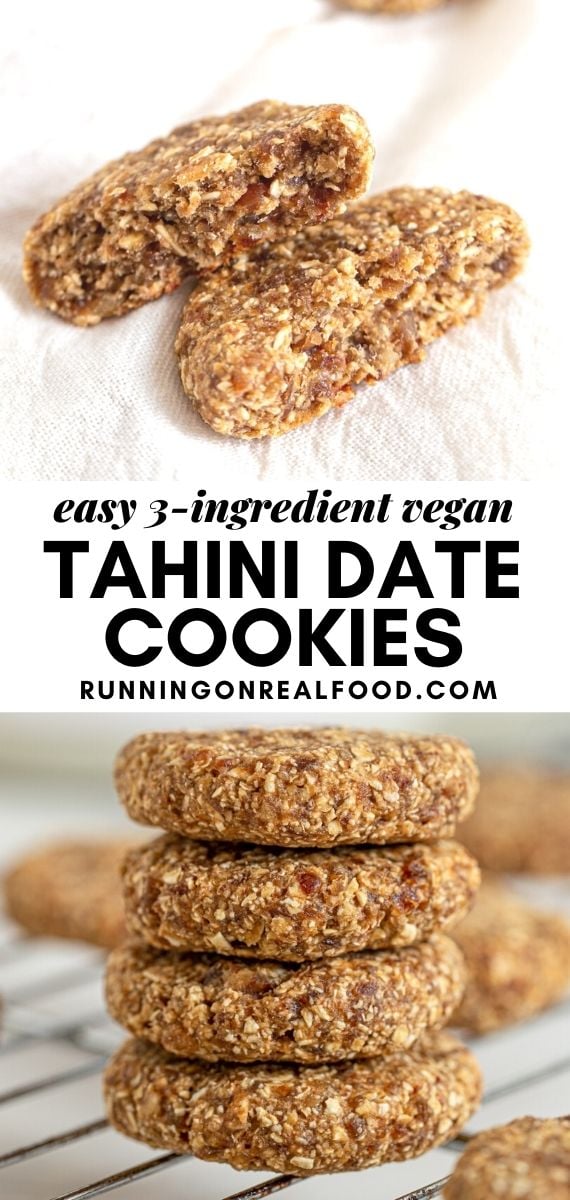 Pinterest graphic with an image and text for tahini date cookies.