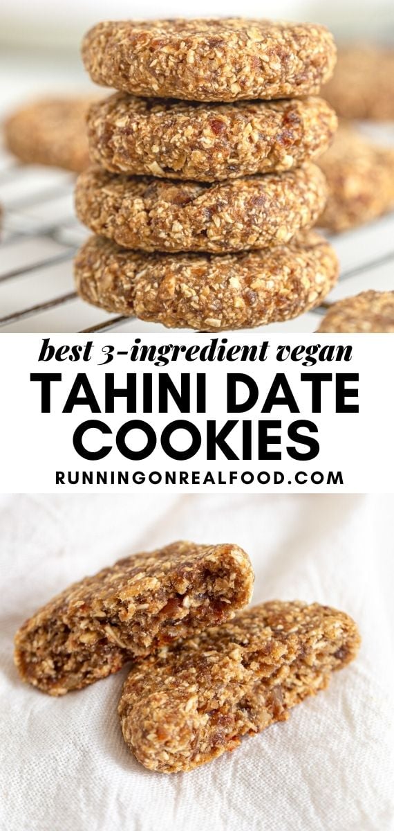 Pinterest graphic with an image and text for tahini date cookies.