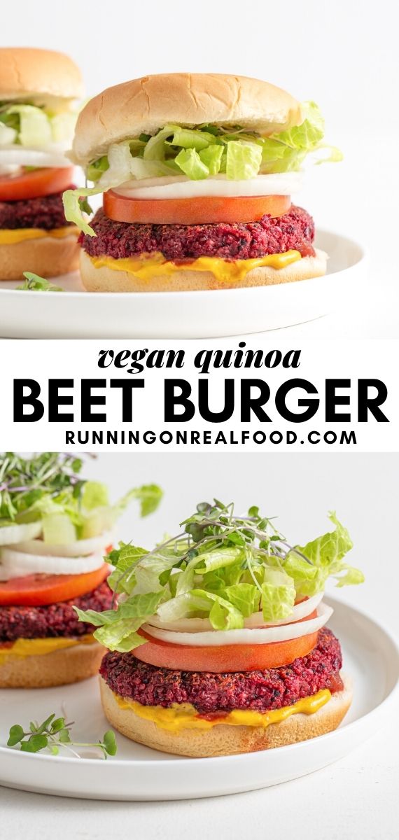 Pinterest graphic with an image and text for quinoa beet burgers.