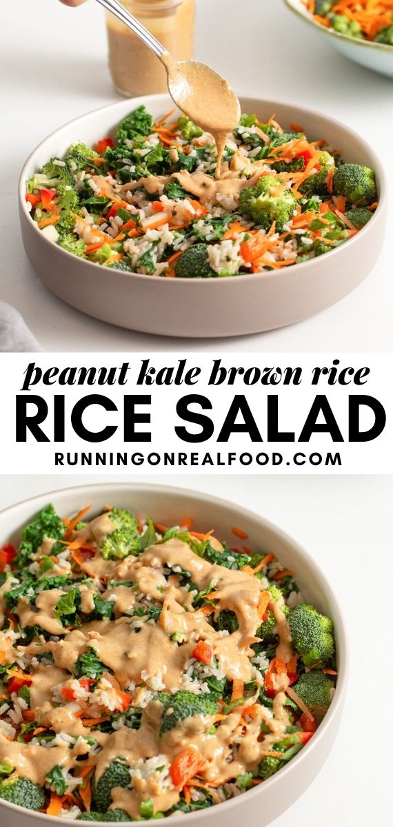 Pinterest graphic with an image and text for brown rice peanut salad.