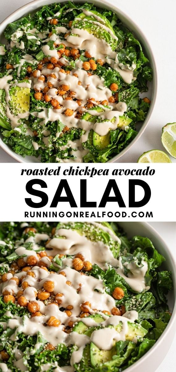Pinterest graphic with an image and text for roasted chickpea avocado salad.