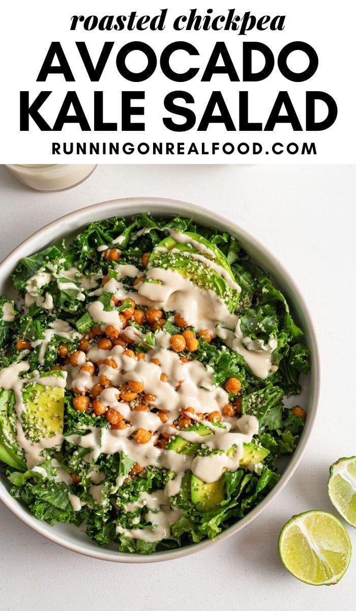 Pinterest graphic with an image and text for roasted chickpea avocado salad.