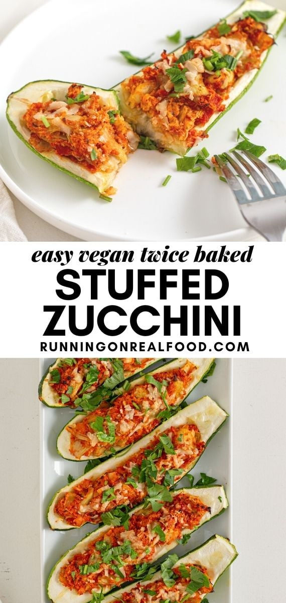 Pinterest graphic with an image and text for twice baked stuffed zucchini boats.