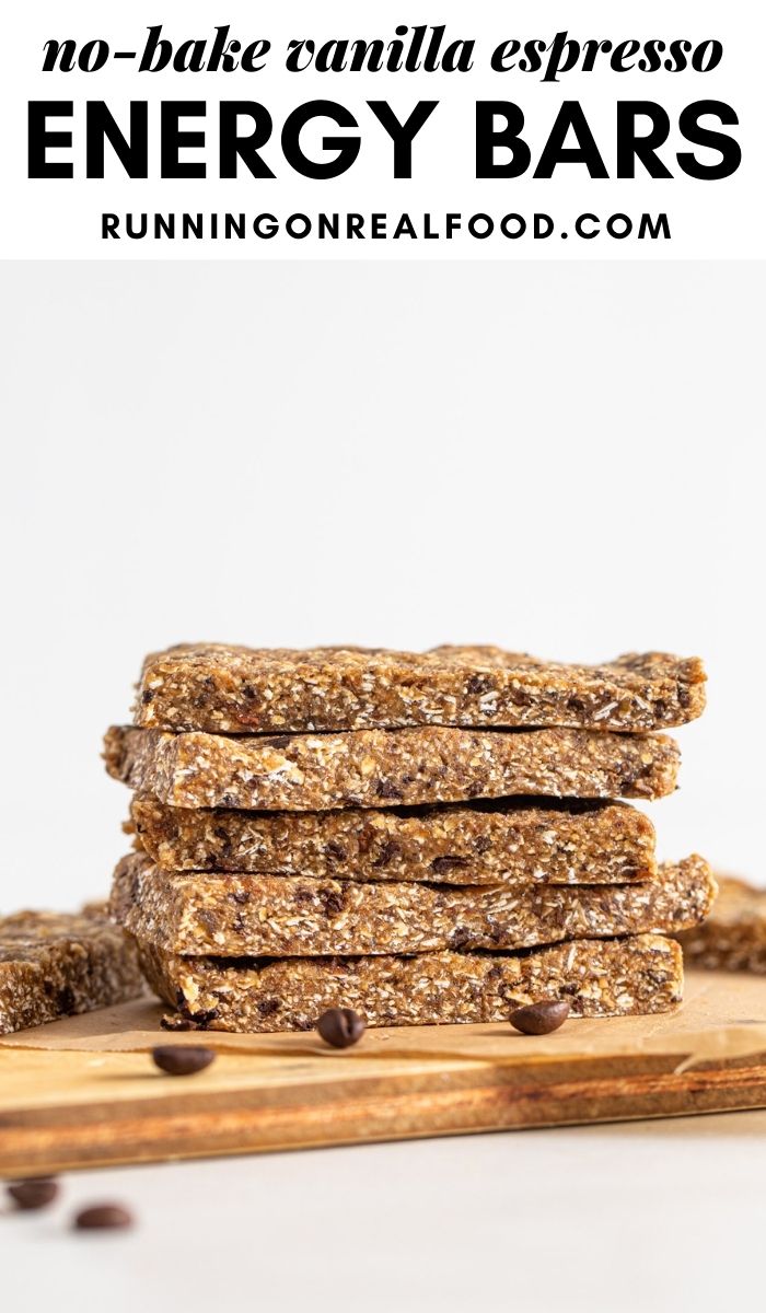 Pinterest graphic with an image and text for no-bake vanilla espresso energy bars.