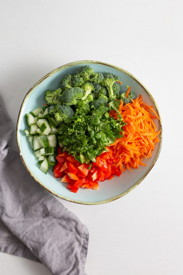 Bell pepper, cucumber, carrot, broccoli and cilantro in a bowl.