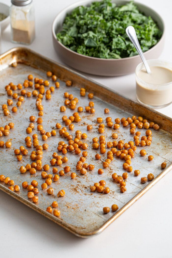Roasted chickpea on a baking tray.