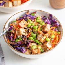 Colourful bowl of rice, tofu, edamame, cabbage and grated carrot.