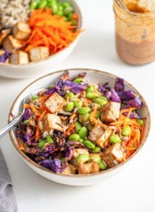 Colourful bowl of rice, tofu, edamame, cabbage and grated carrot.