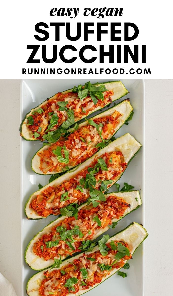 Pinterest graphic with an image and text for twice baked stuffed zucchini boats.