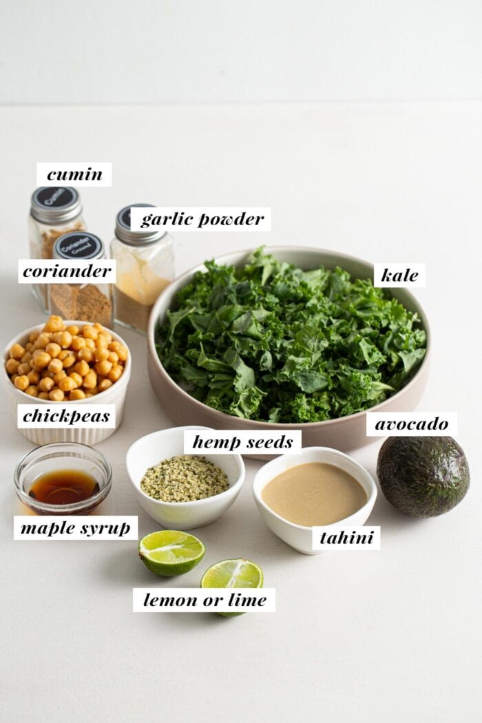 Visual of ingredients for a chickpea avocado kale salad labelled with text overlay.