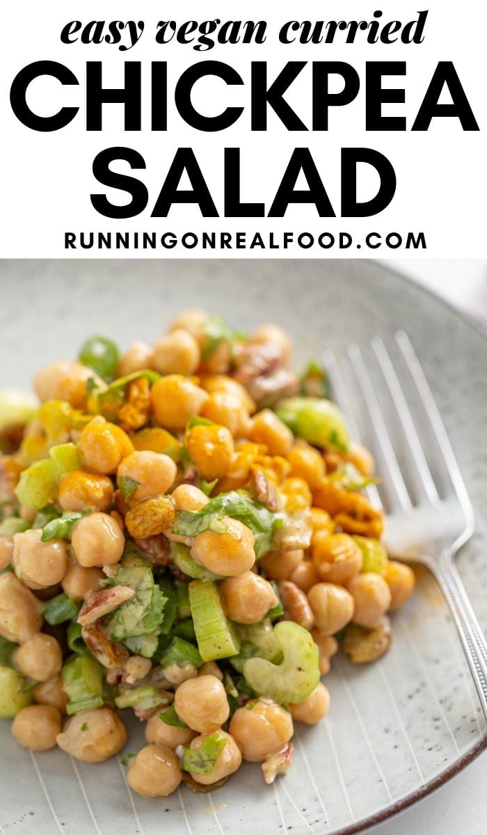 Pinterest graphic with an image and text for curried chickpea salad.