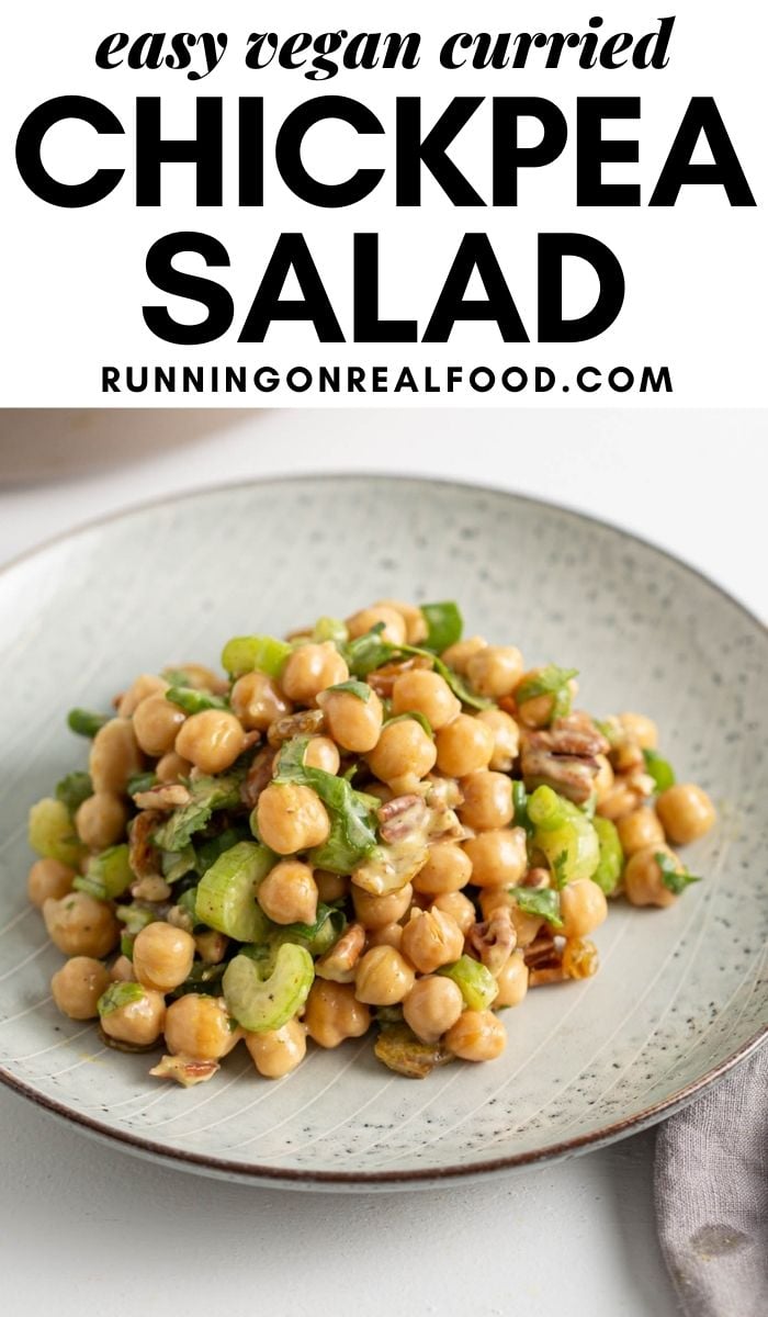 Pinterest graphic with an image and text for curried chickpea salad.