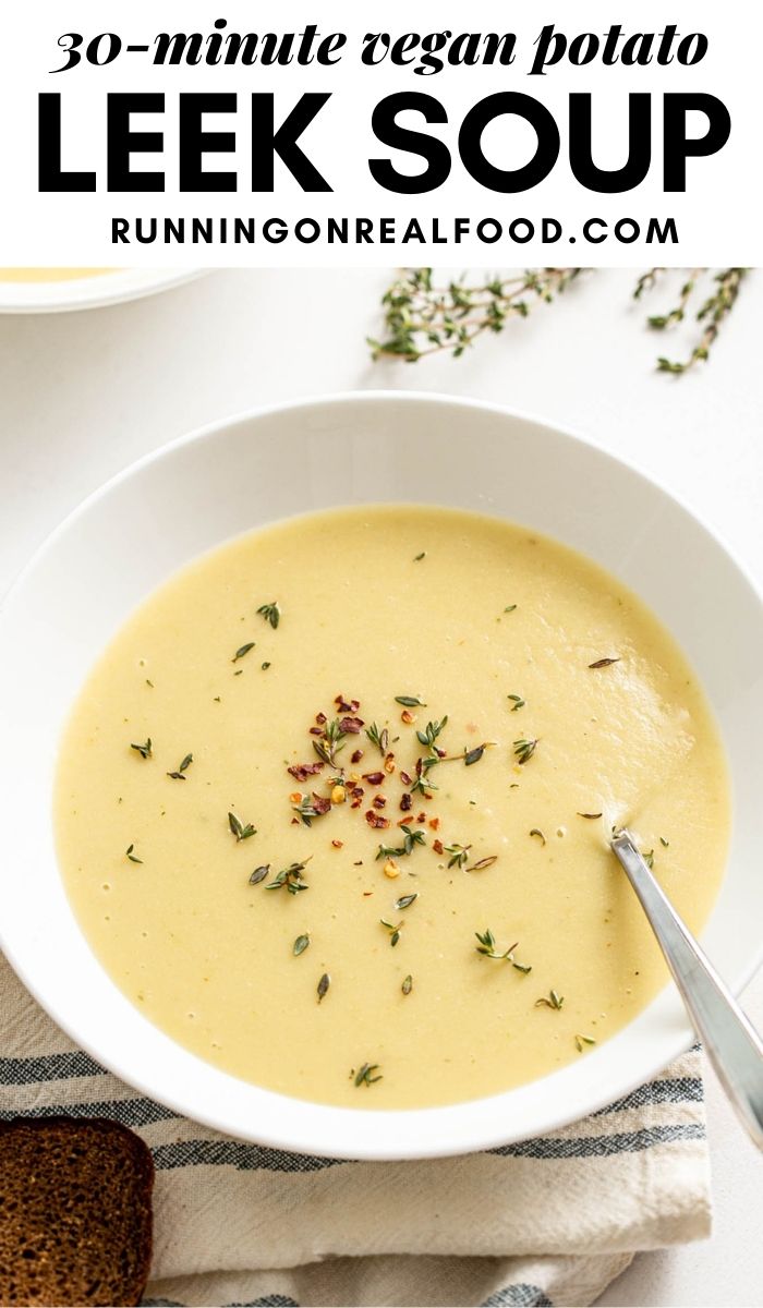 Pinterest graphic with an image and text for vegan potato leek soup.