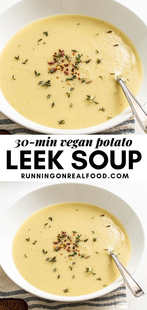 Pinterest graphic with an image and text for vegan potato leek soup.