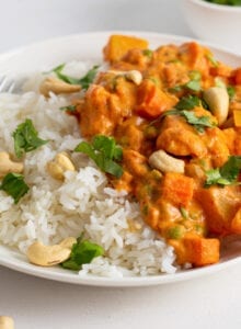 Plate of rice and vegetable korma topped with cilantro and cashews.