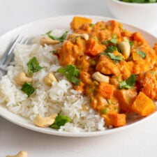 Plate of rice and vegetable korma topped with cilantro and cashews.