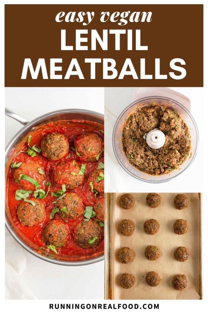 Pinterest graphic with an image and text for easy vegan lentil meatballs.