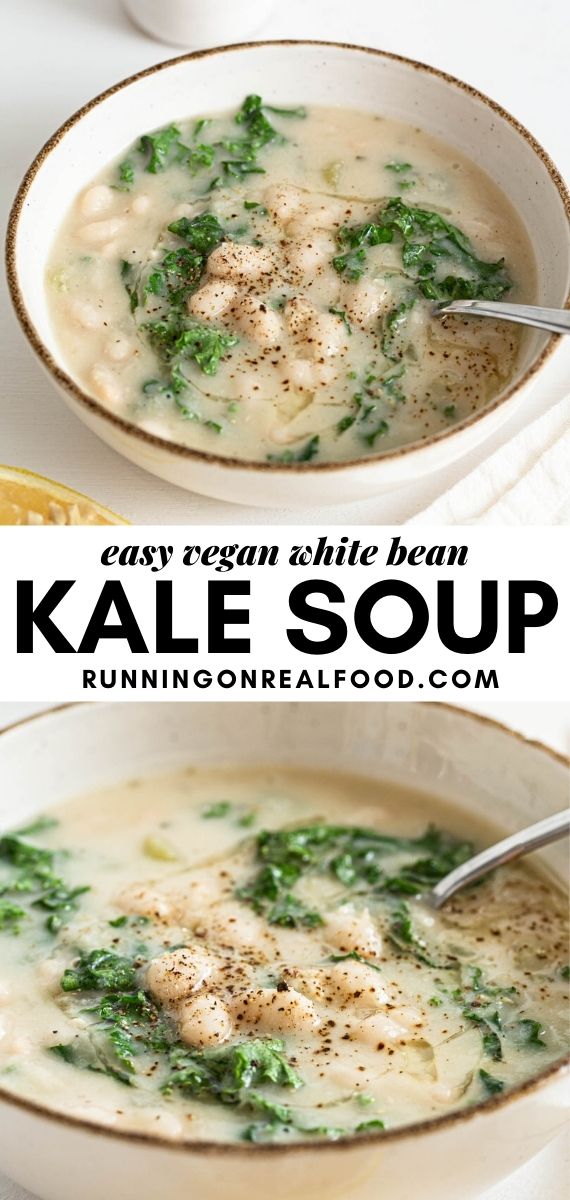Pinterest graphic with an image and text for white bean and kale soup.