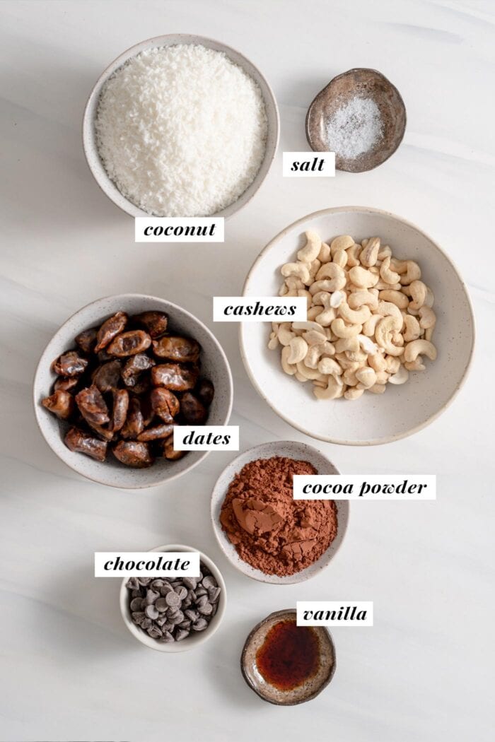Visual of ingredient list for making vegan chocolate coconut macaroons. Ingredients are labelled with text overlay.